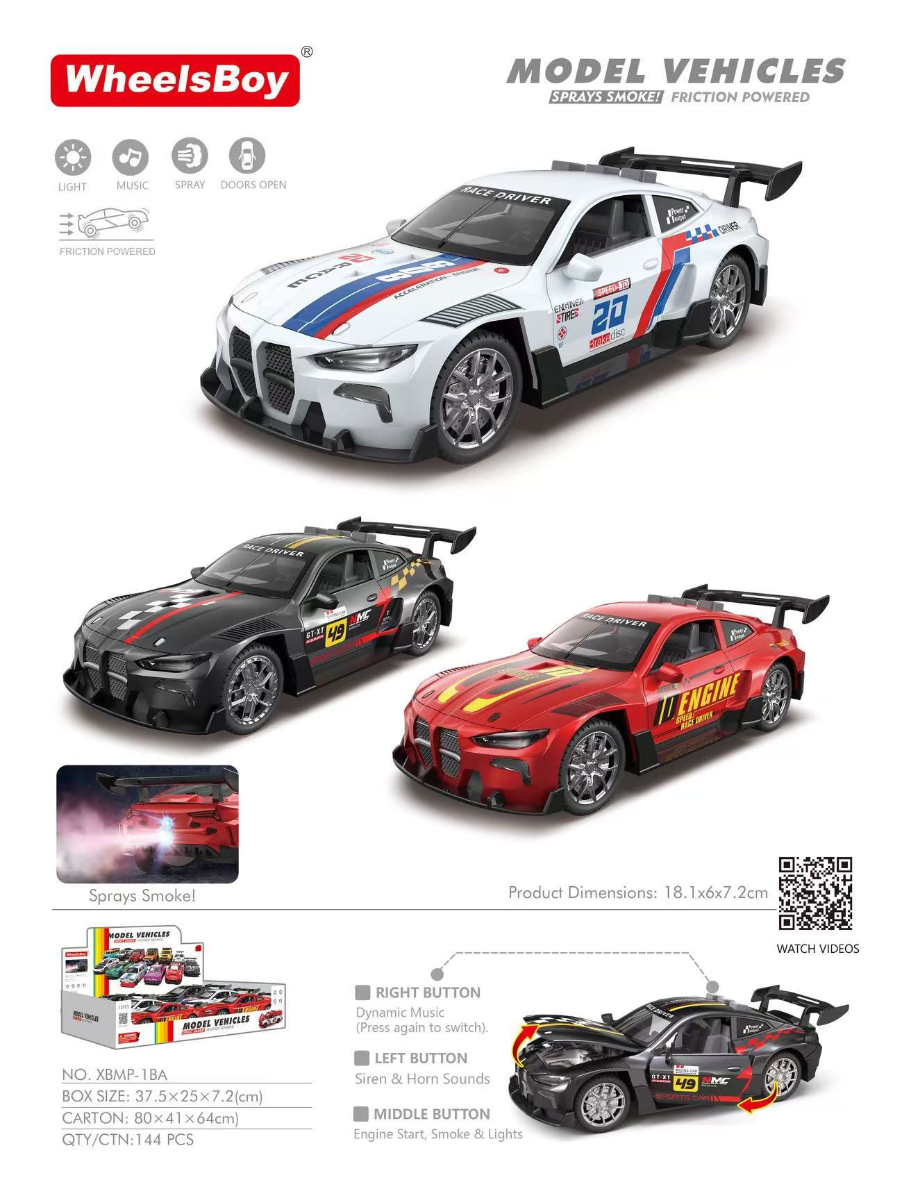 XBMP-1BA 8Lİ KUT.IŞIKLI SESLİ SÜRTMELİ DUMAN ATAN ARABA